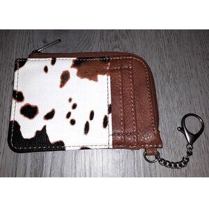 Wrangler Brown Faux Leather Cowhide Coin Purse Card Holder Zipper Pouch Keyring